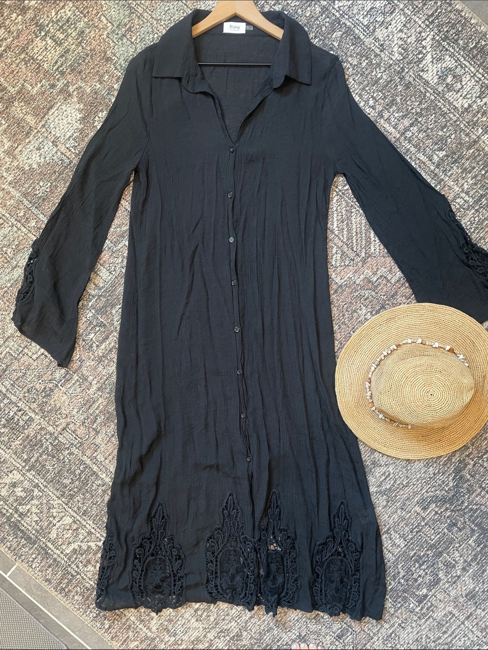 BluIvy Black Boho Maxi Dress Lace Hem Crinkle Gauze Stevie Nicks Medium